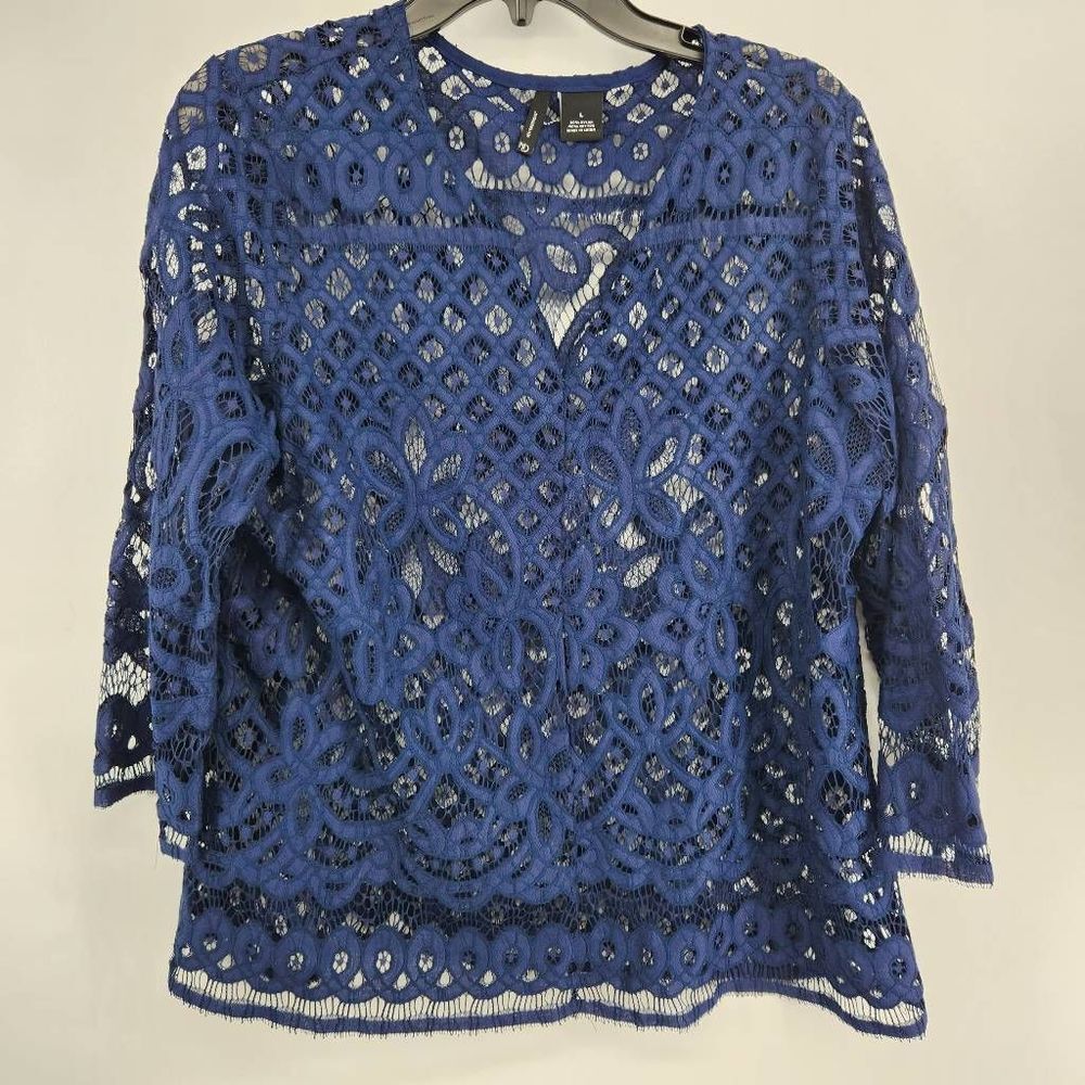 New Directions Navy Lace Boxy-Cut Blouse in Women's Large